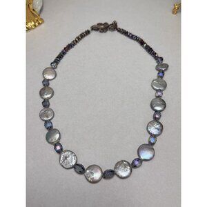 Vintage Coin Pearl Crystal Necklace Leaf Toggle Clasp Elegant Statement 20"